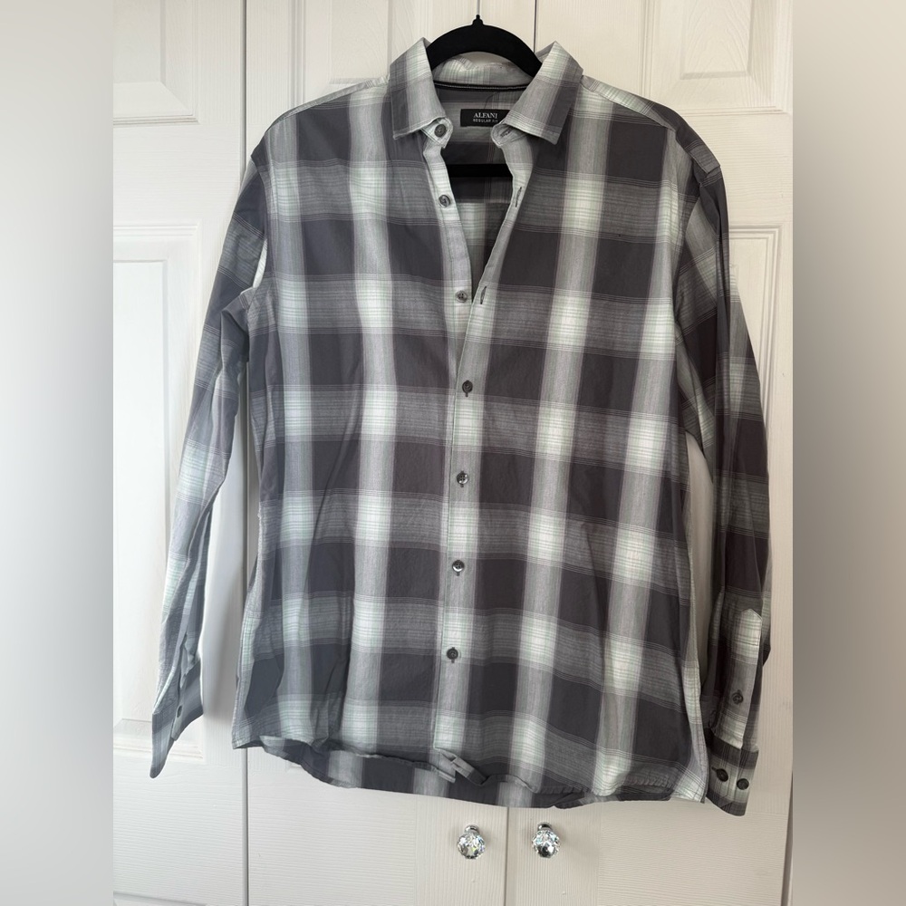 Alfani Charcoal Mint Green and White Plaid Button Down Shirt